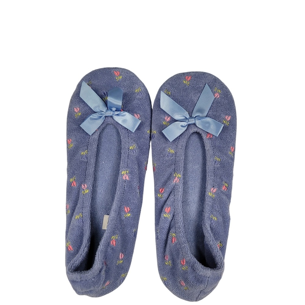 Isotoner Womens Periwinkle Terry Cloth Ballet Slippers Floral Bow XL 9.5-10.5
